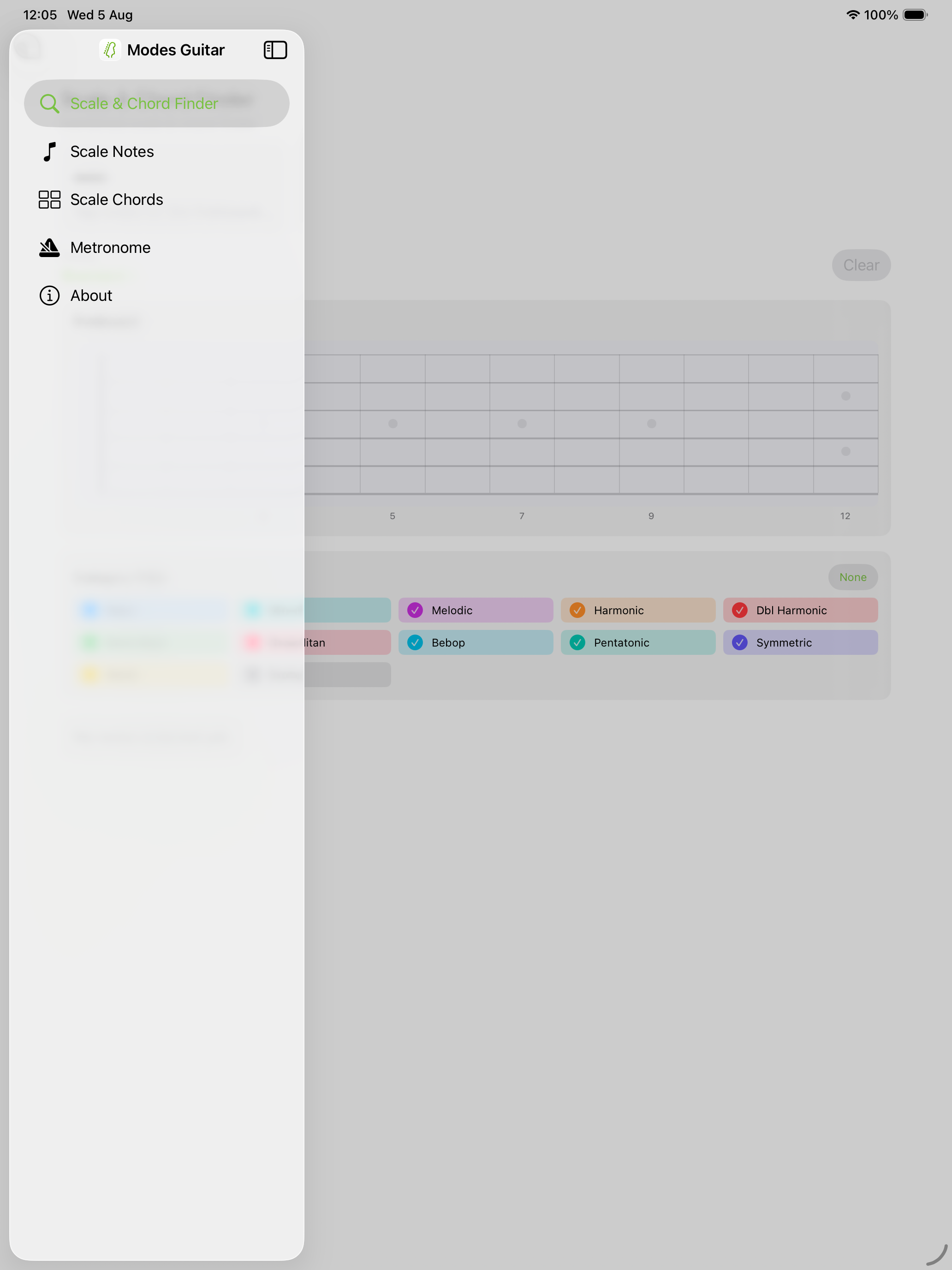 Scale and Chord Finder with sidebar on iPad